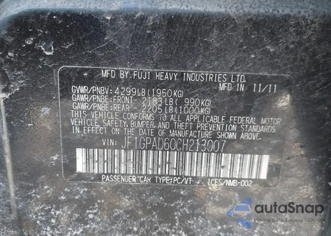 2012 Subaru Impreza 2.0I Premium z USA, uszkodzony, nr VIN JF1GPAD60CH213007